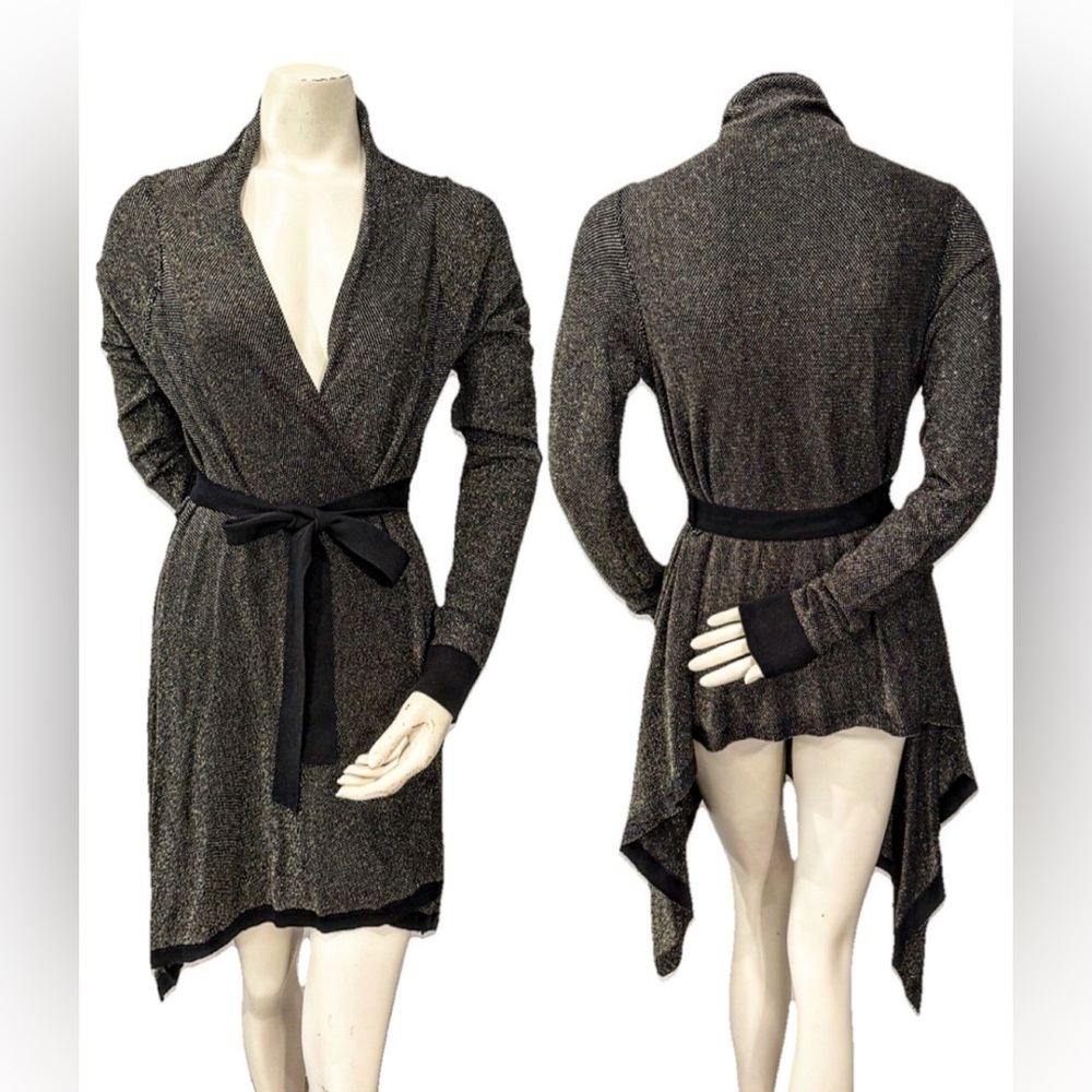 BCBG Paris Metallic Gold Black Open Front Cardigan Women’s M Stretch Belted